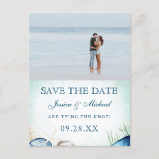 Watercolor Beach Calligraphy Photo Save The Date Invitation Postcard