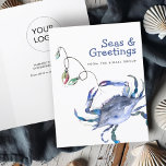 Watercolor Beach Christmas Cards Blue Crab<br><div class="desc">These seashore holiday greetings feature a watercolor crab in nautical shades of blue. The words "seas and greetings" are set in fun typography. These ocean-themed Christmas cards open to reveal your custom greeting. Use the template fields to add your personalised text. A coastal choice for Christmas greetings. To see more...</div>