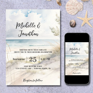 Watercolor Beach Coastal Destination Wedding Invitation
