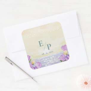 Watercolor Beach Coastal Floral Monogram Wedding Square Sticker