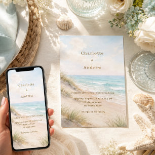 Watercolor beach coastal modern wedding invitation