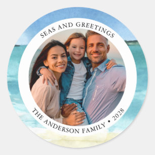 Watercolor Beach Coastal Photo Christmas  Classic Round Sticker