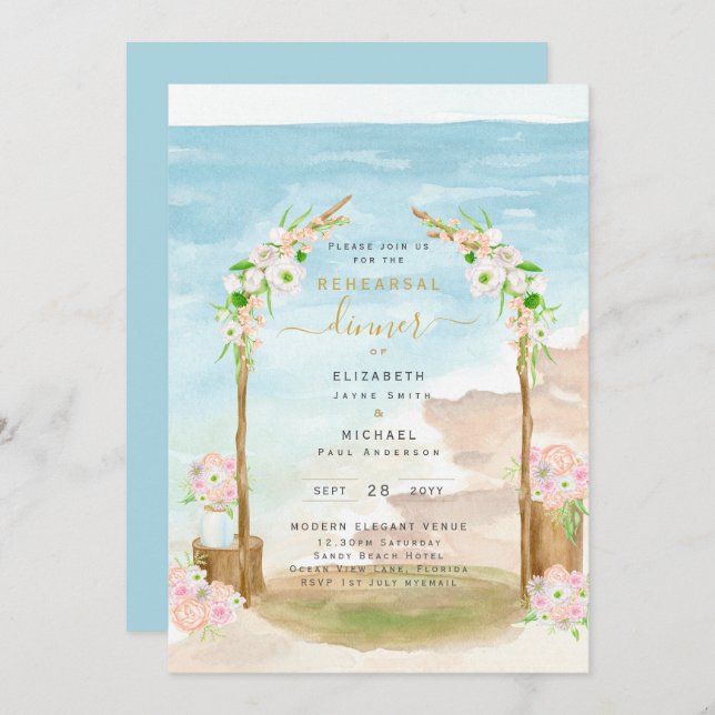 Watercolor Beach Coastal Rehearsal Dinner Invite (Front/Back)