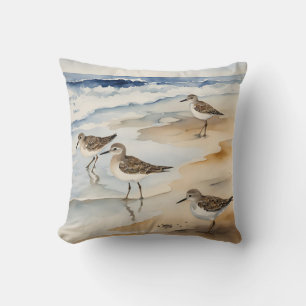 Watercolor Beach Coastal Scene Sandpipers Cushion