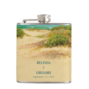 Watercolor Beach Coastal Wedding Destination Hip Flask