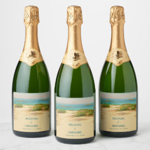 Watercolor Beach Coastal Wedding Destination Sparkling Wine Label