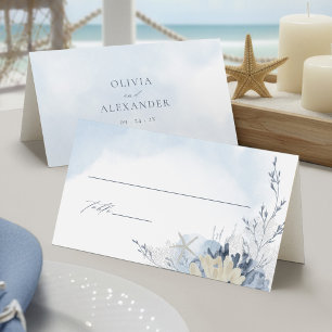 Watercolor Beach Coral Blue Boho Wedding Place Card