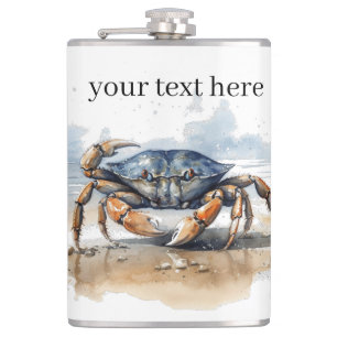 Watercolor Beach Crab, custom Hip Flask