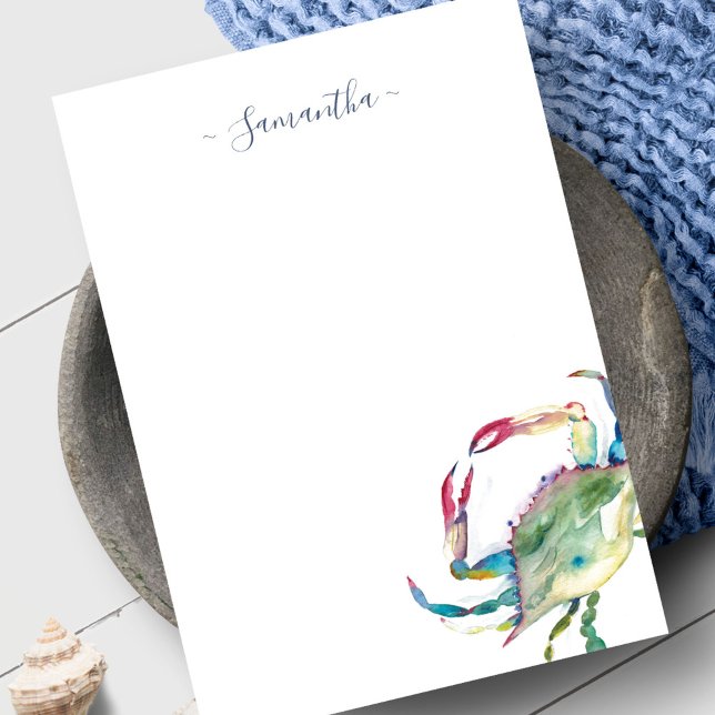 Watercolor Beach Crab Personal Note Card (Personalized notecard beach watercolor blue crab)