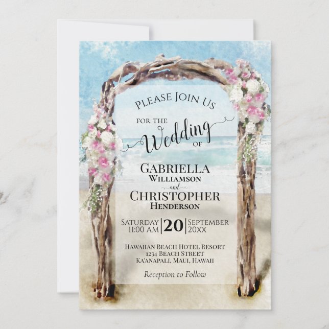 Watercolor Beach Driftwood Floral Arch Wedding Invitation (Front)