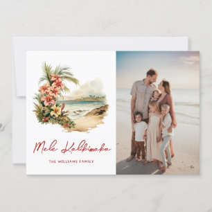 Watercolor Beach Floral Photo Mele Kalikimaka Holiday Card