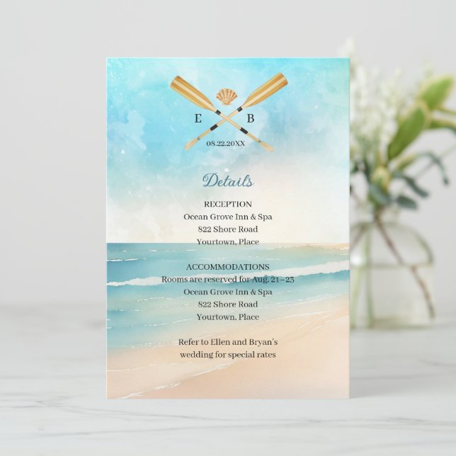 Watercolor Beach Oars Wedding Insert Reception Invitation (Standing Front)