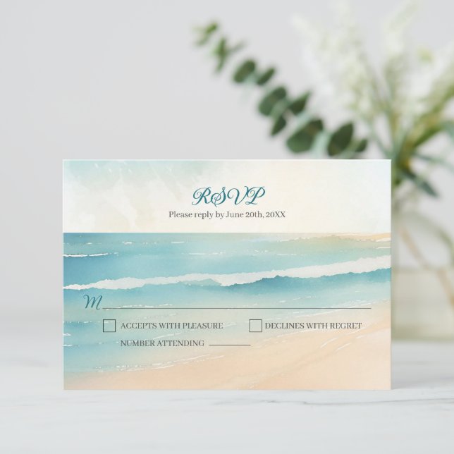 Watercolor Beach Oars Wedding RSVP Reply (Standing Front)