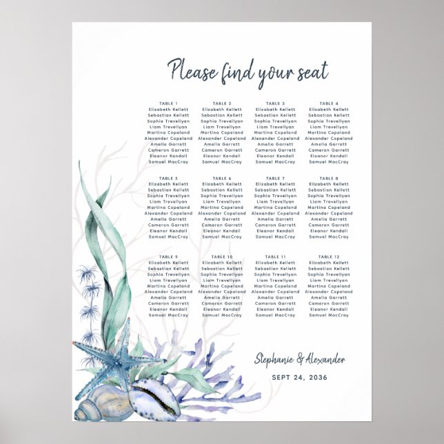 Watercolor Beach Ocean Blue Wedding Seating Chart (Front)
