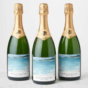 Watercolor Beach Ocean Destination Wedding Sparkling Wine Label