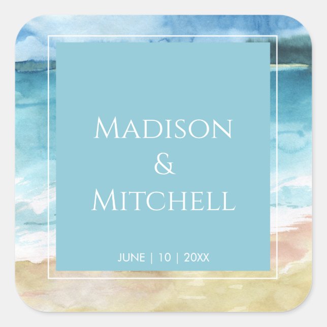Watercolor Beach Ocean Destination Wedding Square Sticker (Front)