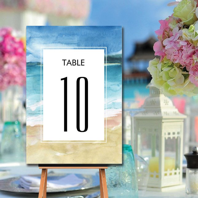 Watercolor Beach Ocean Destination Wedding Table Number (Creator Uploaded)