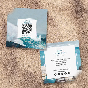 Watercolor Beach Ocean QR Code Social Media Square Business Card