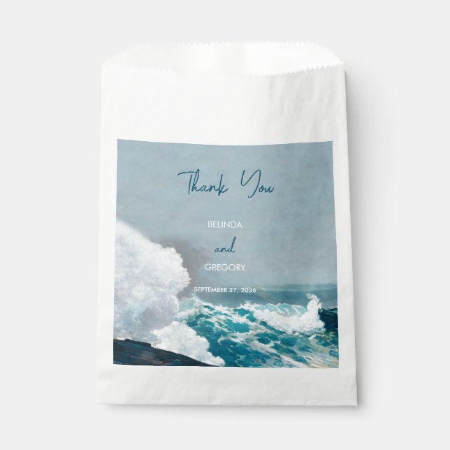 Watercolor Beach Ocean Waves Monogram Wedding Favour Bag (Front)