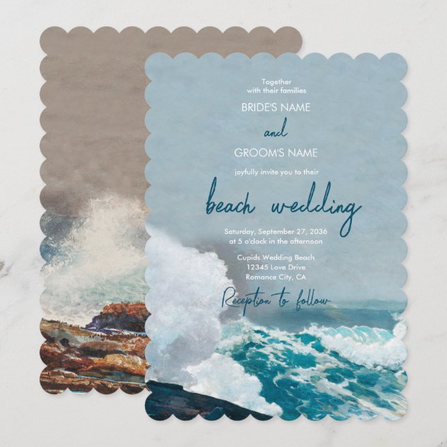 Watercolor Beach Ocean Waves Monogram Wedding  Invitation (Front/Back)