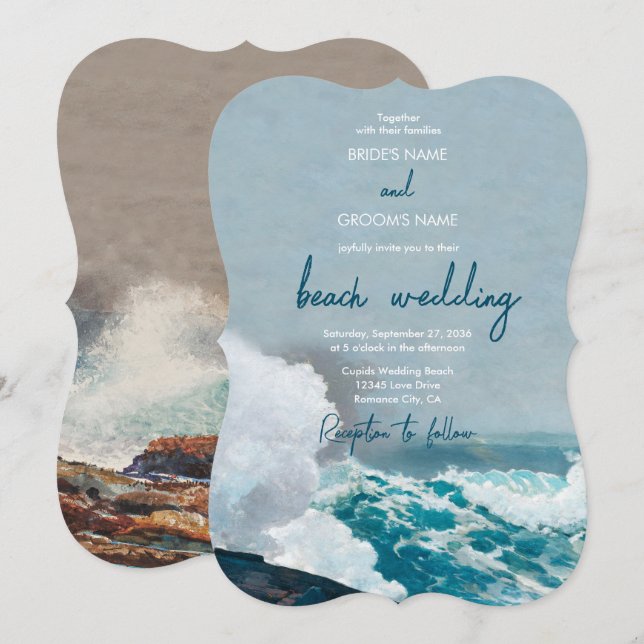 Watercolor Beach Ocean Waves Monogram Wedding Invitation (Front/Back)