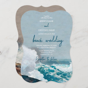 Watercolor Beach Ocean Waves Monogram Wedding Invitation