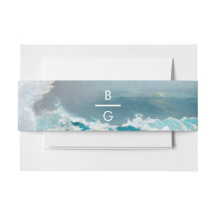 Watercolor Beach Ocean Waves Monogram Wedding Invitation Belly Band