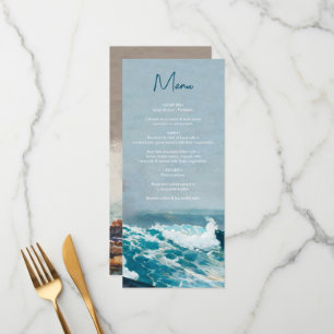 Watercolor Beach Ocean Waves Monogram Wedding Menu