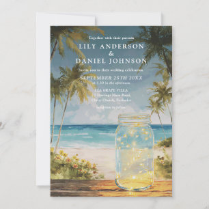 Watercolor Beach Palm Tree Mason Jar Wedding Invitation