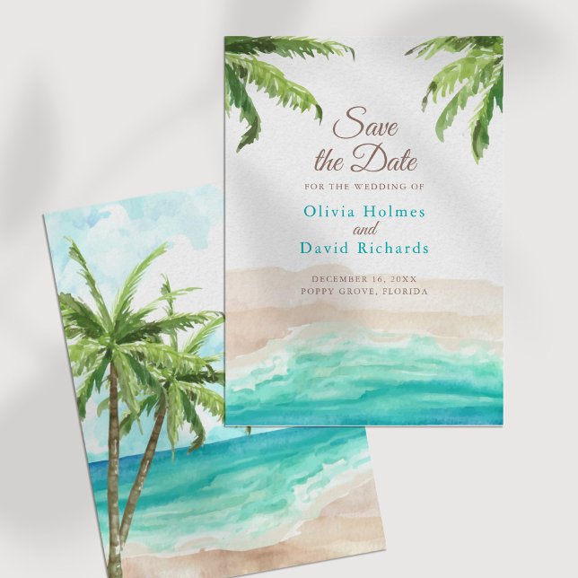 Watercolor Beach & Palm Trees Wedding Save The Date (Watercolor Beach and Palm Leaves Save the Date on a white table.)