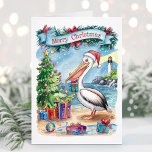 Watercolor Beach Pelican Christmas Card<br><div class="desc">Whimsical watercolor pelican Christmas card. Personalise with your own greeting text.</div>