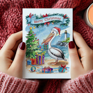 Watercolor Beach Pelican Christmas Card