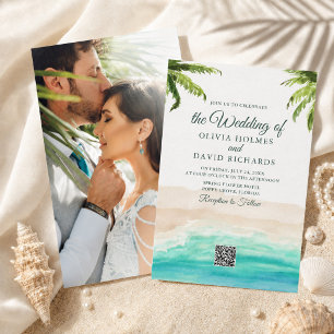 Watercolor Beach Photo & QR Code Wedding Invitation