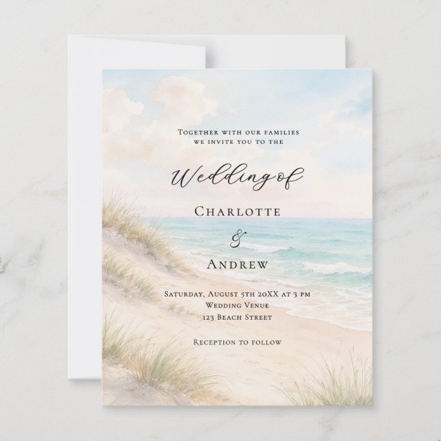Watercolor beach sand dunes wedding invitation (Front)