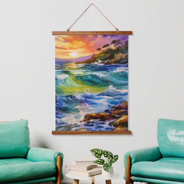 Watercolor beach scene hanging tapestry (Living Room)