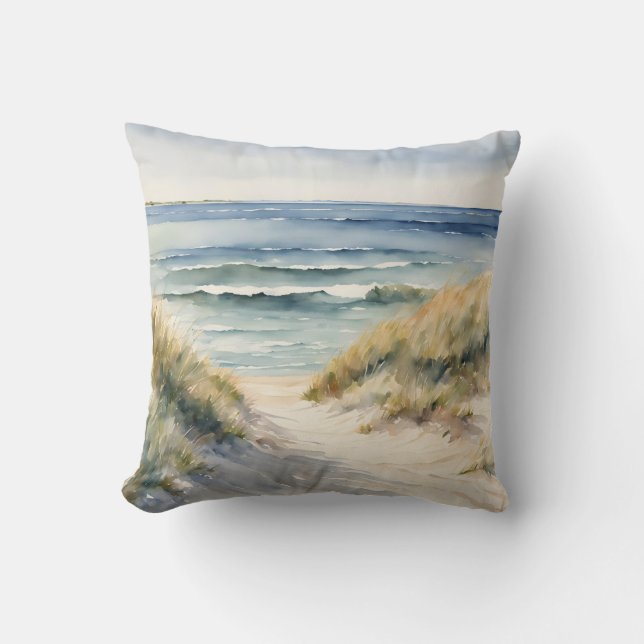 Watercolor Beach Scene Ocean Waterscape  Cushion (Front)