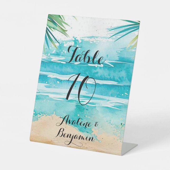 Watercolor Beach Scene Wedding Table Number Pedestal Sign (Front)