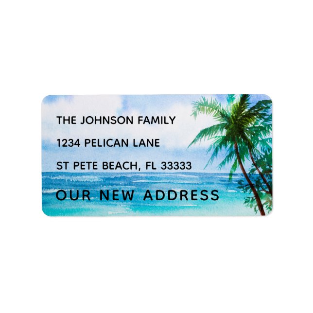 Watercolor Beach Scene with Palm Trees New Address Label (Front)
