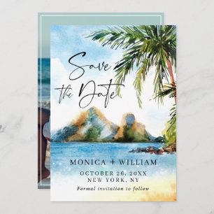 Watercolor Beach Sea Palm Tree Photo Save The Date