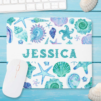Watercolor Beach Sea Shells and Starfish Monogram Mouse Pad