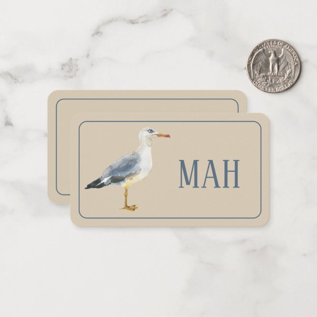 Watercolor Beach Seagull Monogram Card (Front/Back In Situ)