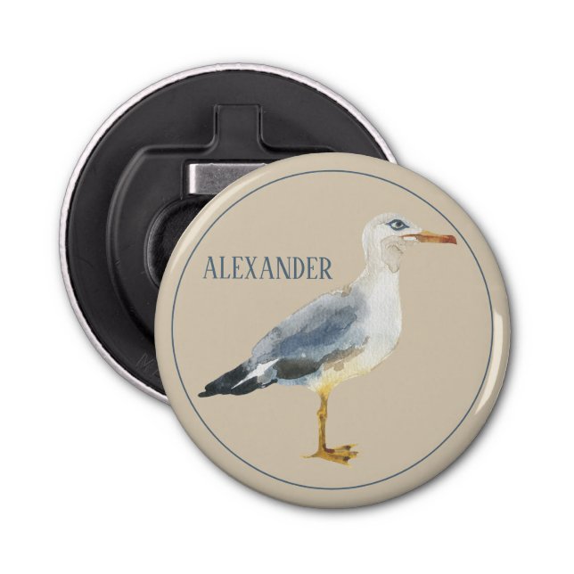 Watercolor Beach Seagull Personalized Bottle Opener (Front)