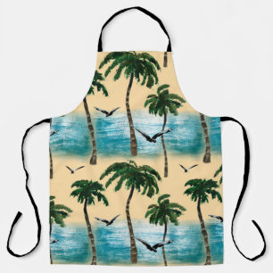 Watercolor beach seamless texture. Palms, seagull, Apron