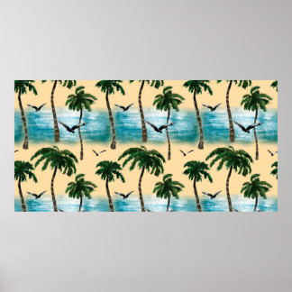 Watercolor beach seamless texture. Palms, seagull, Poster