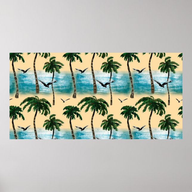 Watercolor beach seamless texture. Palms, seagull, Poster (Front)