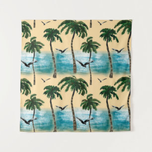 Watercolor beach seamless texture. Palms, seagull, Tapestry