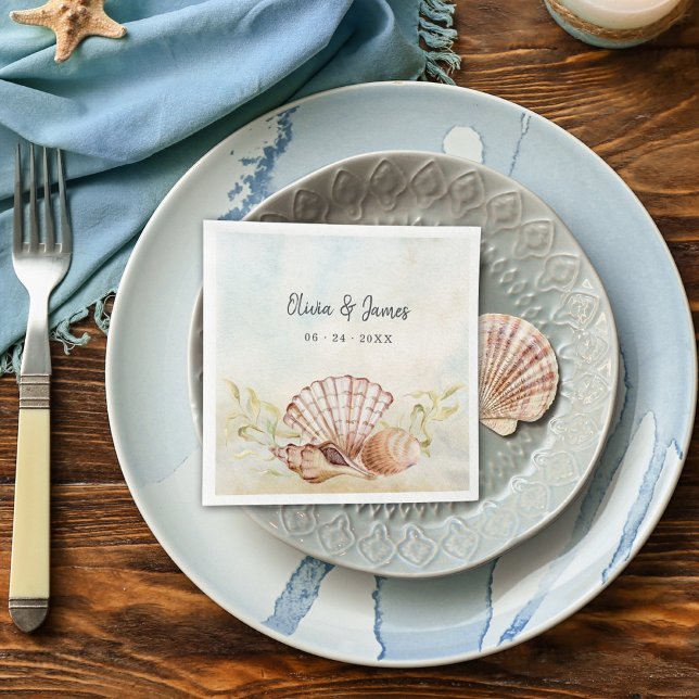 Watercolor Beach Seashell Tropical Wedding Napkin (Creator Uploaded)