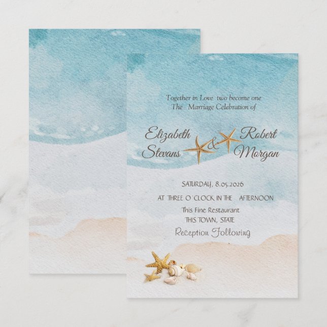 Watercolor Beach Seashells Sand Wedding  Invitation (Front/Back)