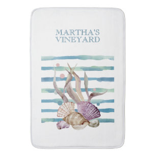 WATERCOLOR BEACH SHELLS CORAL VACATION BATH MAT