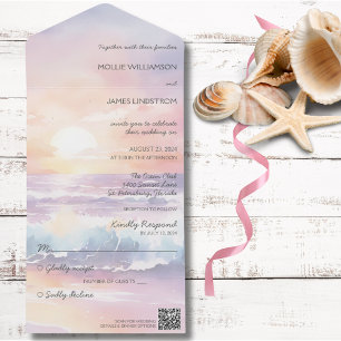 Watercolor Beach Sunset All in One Wedding Invite